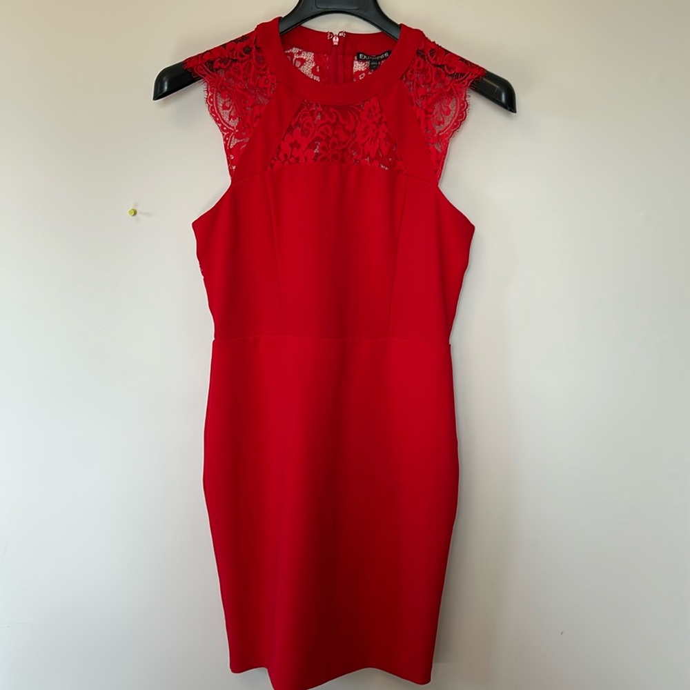 Express fitted red dress see through lace trim  size M